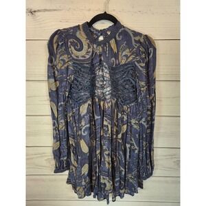 Free People Women's Navy Blue Paisley Crew Neck Puff Sleeve Mini Dress‎ Size XS